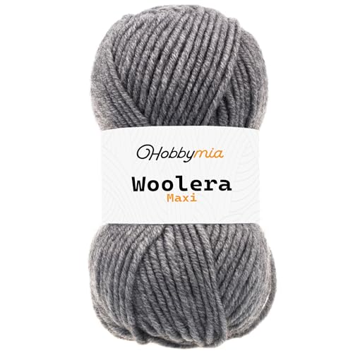 HobbyMia Woolera Maxi-Wollgarn, 100 g, (5) sperriges Gewicht, 75 % Acryl, 25 % Wolle (Silbergrau, 1 Knäuel) von HobbyMia