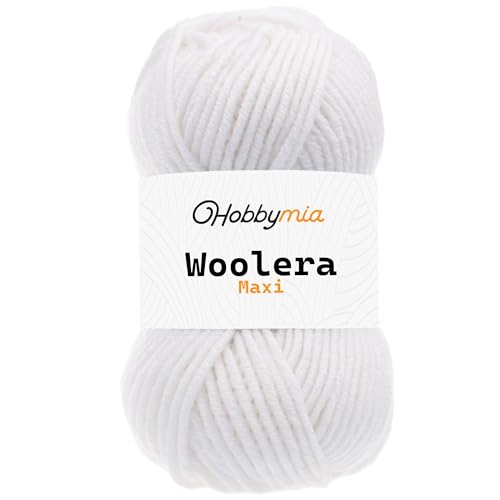 HobbyMia Woolera Maxi-Wollgarn, 100 g, (5) sperriges Gewicht, 75 % Acryl, 25 % Wolle (Weiß, 1 Knäuel) von HobbyMia