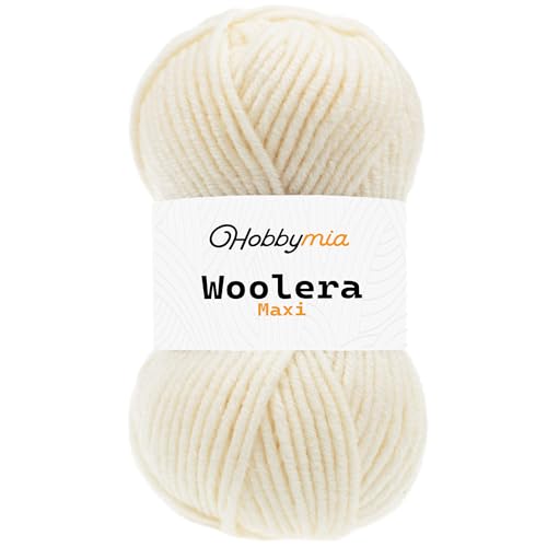 HobbyMia Woolera Maxi-Wollgarn, 100 g, (5) sperriges Gewicht, 75 % Acryl, 25 % Wolle (gebrochenes Weiß, 1 Knäuel) von HobbyMia