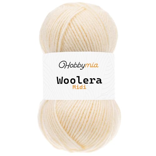HobbyMia Woolera Midi-Wollgarn, 100 g, (4) Kammgewicht, 75 % Acryl, 25 % Wolle (gebrochenes Weiß, 1 Knäuel) von HobbyMia