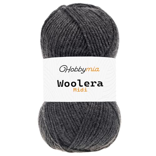 HobbyMia Woolera Midi-Wollgarn, 100 g, Kammgewicht, 75 % Acryl, 25 % Wolle (Anthrazit, 1 Knäuel) von HobbyMia