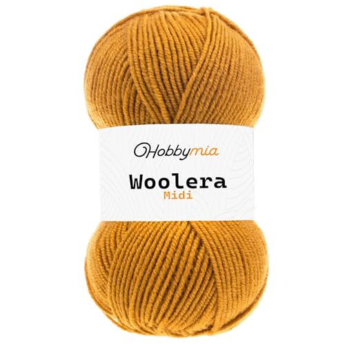 HobbyMia Woolera Midi-Wollgarn, 100 g, Kammgewicht, 75 % Acryl, 25 % Wolle (Senf, 1 Knäuel) von HobbyMia
