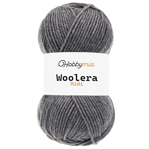 HobbyMia Woolera Midi-Wollgarn, 100 g, Kammgewicht, 75 % Acryl, 25 % Wolle (Silbergrau, 1 Knäuel) von HobbyMia