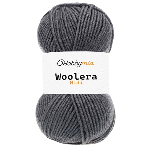 HobbyMia Woolera Midi-Wollgarn, 100 g, Kammgewicht, 75 % Acryl, 25 % Wolle (Sturmgrau, 1 Knäuel) von HobbyMia