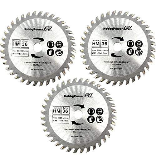 3 Stück HM Sägeblatt Ø 85 x 15 mm 36 Zähne Kreissägeblatt Kreissäge Handkreissäge für Holz Kunststoff kompatibel mit Makita HS301DZ Akku 3 Stück HM Sägeblatt Ø 85 x 15 mm 36 Zähne Kreissägeblatt Kreissäge Handkreissäge für Holz Kunststoff kompatibel mit Makita HS301DZ Akku von HobbyPower24