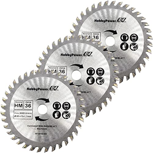 3 Stück HM Sägeblatt Ø 85 x 15 mm 36 Zähne Kreissägeblatt Kreissäge für Holz Kunststoff kompatibel mit 12V 10,8V Bosch, Makita, Handkreissäge 3 Stück HM Sägeblatt Ø 85 x 15 mm 36 Zähne Kreissägeblatt Kreissäge für Holz Kunststoff kompatibel mit 12V 10,8V Bosch, Makita, Handkreissäge von HobbyPower24