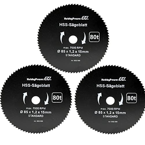 3 Stück HSS Sägeblatt Ø 85 x 15 mm 80 Zähne Kreissägeblatt Kreissäge Handkreissäge für Holz, Kunststoff, Alu, Messing kompatibel mit Lidl Parkside PHKSA 12 A2 B3 3 Stück HSS Sägeblatt Ø 85 x 15 mm 80 Zähne Kreissägeblatt Kreissäge Handkreissäge für Holz, Kunststoff, Alu, Messing kompatibel mit Lidl Parkside PHKSA 12 A2 B3 von HobbyPower24