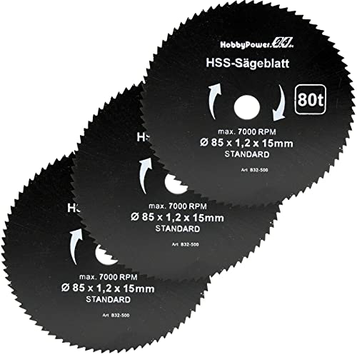 3 Stück HSS Sägeblatt Ø 85 x 15 mm 80 Zähne Kreissägeblatt Kreissäge Handkreissäge für Holz, Kunststoff, Alu, Messing kompatibel mit Makita HS301DZ Akku 3 Stück HSS Sägeblatt Ø 85 x 15 mm 80 Zähne Kreissägeblatt Kreissäge Handkreissäge für Holz, Kunststoff, Alu, Messing kompatibel mit Makita HS301DZ Akku von HobbyPower24