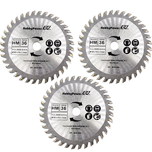 3 Stück Mini Handkreissäge HM Sägeblatt Kreissägeblatt für Holz Laminat Kunststoff Aluminium Ø 85mm x 10mm 36 Zähne kompatibel mit Matrix MCS 500-1, PARKSIDE, Einhell, Worx und andere 3 Stück Mini Handkreissäge HM Sägeblatt Kreissägeblatt für Holz Laminat Kunststoff Aluminium Ø 85mm x 10mm 36 Zähne kompatibel mit Matrix MCS 500-1, PARKSIDE, Einhell, Worx und andere von HobbyPower24