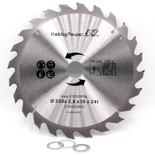 Kreissägeblatt Sägeblatt Hartmetall für Holz Tischkreissäge Kappsäge Gehrungssäge 250 x 30 mm 40 Z Zähne + 3 Reduzierringe auf 24,4mm, 20mm und 16mm von HobbyPower24