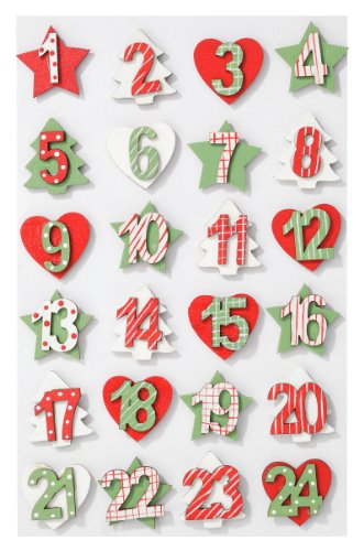 Mini-Holzzahlen-Set 1-24 bunt, Stern-Baum-Herz,Höhe ca.2,7 cm von Hobbyfun