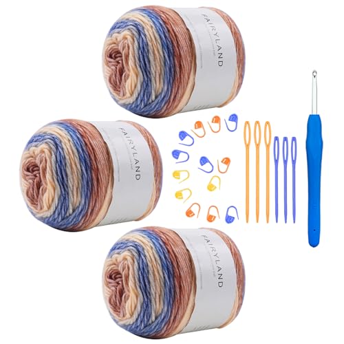 Hobekoee Kuchengarn zum Häkeln, buntes Häkelgarn, 3 x 100 g, 60 % Baumwolle, 30 % Acryl, 10 % Wolle, weiches, flauschiges Farbverlauf, Ombré-Baumwollgarn zum Häkeln von Pullovern, Decken, Handschuhen von Hobekoee