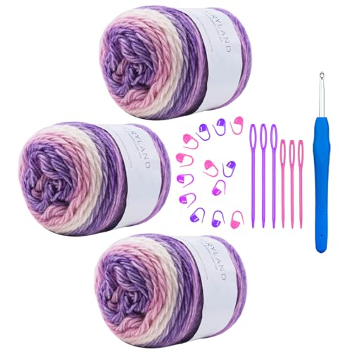 Hobekoee Kuchengarn zum Häkeln, buntes Häkelgarn, 3 x 100 g, 60 % Baumwolle, 30 % Acryl, 10 % Wolle, weiches, flauschiges Farbverlauf, Ombré-Baumwollgarn zum Häkeln von Pullovern, Decken, Handschuhen von Hobekoee