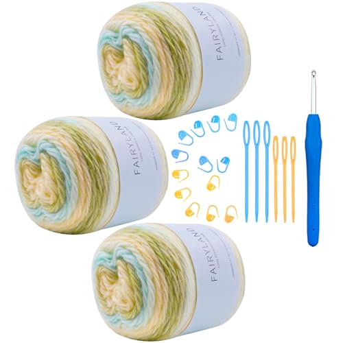 Hobekoee Kuchengarn zum Häkeln, buntes Häkelgarn, 3 x 100 g, 60 % Baumwolle, 30 % Acryl, 10 % Wolle, weiches, flauschiges Farbverlauf, Ombré-Baumwollgarn zum Häkeln von Pullovern, Decken, Handschuhen von Hobekoee