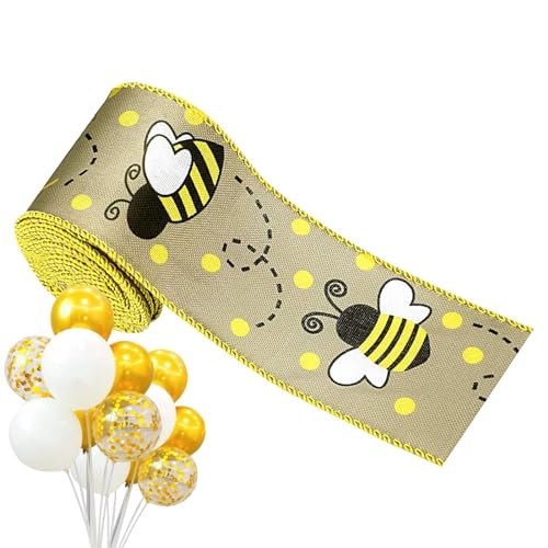 Hobngmuc Honigbienenband, Bienenband mit Draht - Bumble Bees Craft Geschenkband mit Drahtkante - Gepunktetes Stoff-Partyzubehör zum Weltbienentag, gelbes Bienenstoff-Sackleinenband zum Basteln und von Hobngmuc