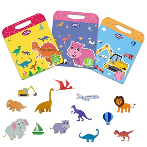 Hocadrv 3D Stickerbuch 3 Pack Wiederverwendbar Sticker Kinder 3-5 Jahre Dinosaurier Tiere Fahrzeuge Aufkleber von Hocadrv