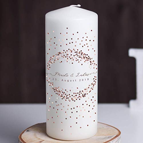 Hochzeitideal - Hochzeitskerze mit Namen und Datum "Copper Dots" Creme - 20x8cm - Elegante Hochzeit Kerze - Einzigartige Traukerze - Personalisierte Kerzen - Kerze mit Gravur von Hochzeitideal.de