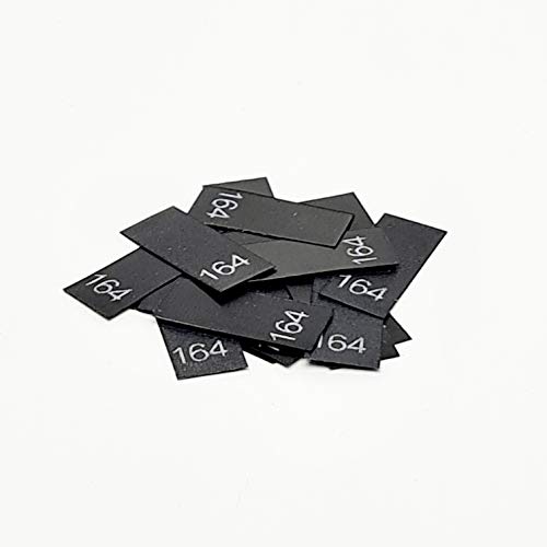 25 Textiletikettenetiketten in verschiedenen Ausführungen von Größe 34 bis 176 auf schwarzemPolyesterband (164) von Hödtke Vertrieb