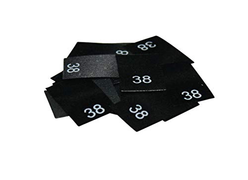 25 Textiletikettenetiketten in verschiedenen Ausführungen von Größe 34 bis 176 auf schwarzemPolyesterband (38) von Hödtke Vertrieb