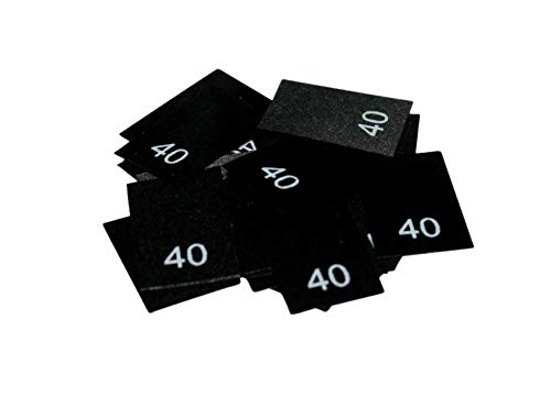 25 Textiletikettenetiketten in verschiedenen Ausführungen von Größe 34 bis 176 auf schwarzemPolyesterband (40) von Hödtke Vertrieb