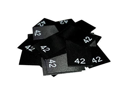 25 Textiletikettenetiketten in verschiedenen Ausführungen von Größe 34 bis 176 auf schwarzemPolyesterband (42) von Hödtke Vertrieb