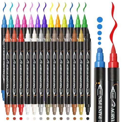 26 Farben Acrylstiftec Farbe Stifte Marker, Doppelspitze Acrylic Farbe Marker mit Pinsel-Spitze und Dot-Spitze, Acrylic Stifte für Felsmalerei, Holz, Leinwand, Stein, Glas, Keramik von Hoenart