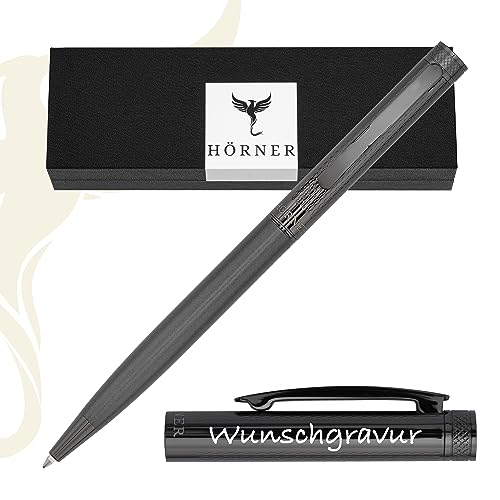 Hörner Levio Kugelschreiber mit Gravur | Hochwertiger Stift schwarz silber | Schreibfarbe Blau 1 mm | Aus Metall | edles Schreibset mit Etui I Dokumentenechter Stift für Vielschreiber von Hörner