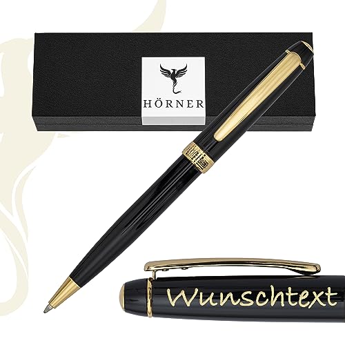 Hörner Nobilis Design Kugelschreiber mit Gravur I Premium Geschenk-Box I Strichstärke M 1 mm I Personalisierter Drehkugelschreiber I Stift für Männer und Frauen I Kugelschreiber gold - schwarz von Hörner