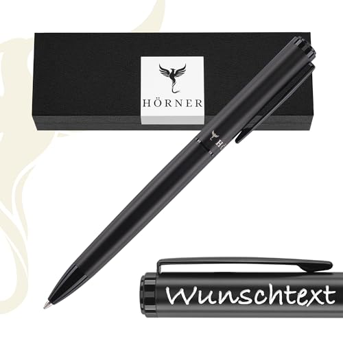 Hörner Silva Schwarz Black mit Gravur – Hochwertiger Kugelschreiber in Premium Geschenkbox I Schreibfarbe blau I Strichstärke M 1 mm I Ergonomisches edles Design I Stift für Männer und Frauen von Hörner