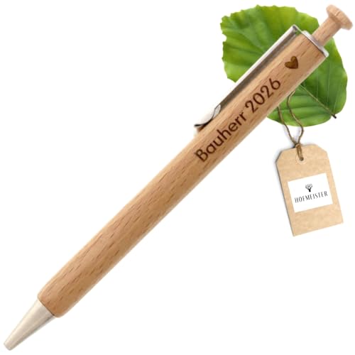 HOFMEISTER® Personalisierter Kugelschreiber zum Einzug, Hausbau & Richtfest – Motiv Herz & Wunschtext – Freunde, Nachbarn & Familie – Geschenk aus Buchenholz – 14 cm von Hofmeister Holzwaren