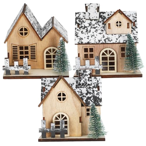 Hohopeti 3 Teiliges LED Winterdorf Holzhaus Set Unfertige Mini Holzhäuser mit Beleuchtung Rustikale Weihnachtsdekoration für Tisch Kamin Winterdorf DIY Spaßerlebnis von Hohopeti