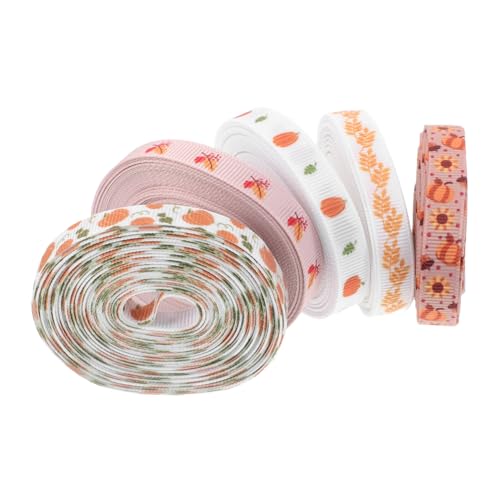 Hohopeti 5 Rollen Herbst Schleifenband für Basteln und Verpacken Polyester Geschenkband mit Kürbis und Ahornblatt Motiv Vielseitig für Thanksgiving Dekorationen Party Heimdeko von Hohopeti