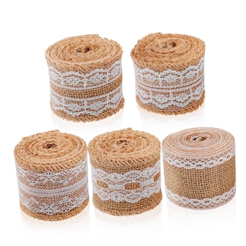 Hohopeti 5 Rollen Jute Spitzenband Vintage Sackleinen Schleifenband für DIY Basteln Hochzeit Geschenkverpackung Natürliche Tischläufer Dekoration von Hohopeti