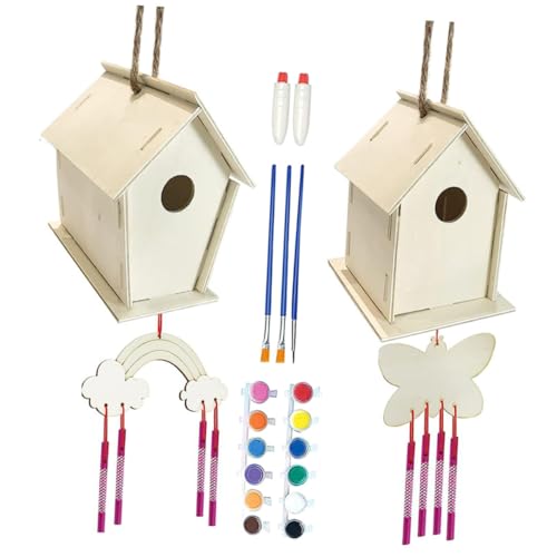 Hohopeti DIY Vogelhaus Bausatz Bastelset Unbehandeltes Holz Vogelhäuschen mit Farben Pinseln Windspielen Kreatives Handwerksprojekt für Garten und Innenräume von Hohopeti