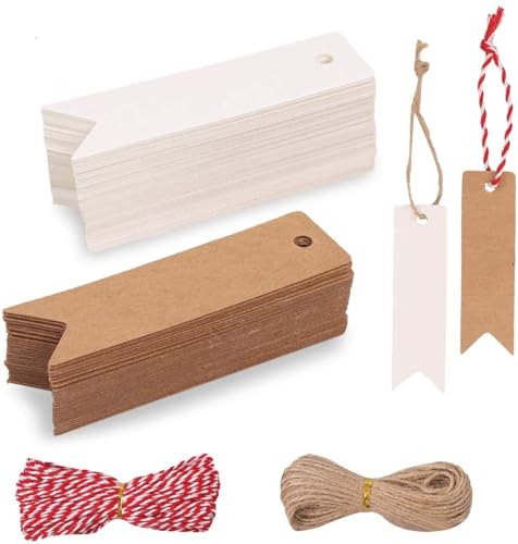 oiny Geschenk Anhänger 200 stk.Kraftpapier Anhänger Etiketten Geschenkanhänger mit Jute Schnur für Hochzeitsgeschenke, Party-Geschenkanhänger und Weihnachten (Kraft + weiß) von Hoiny