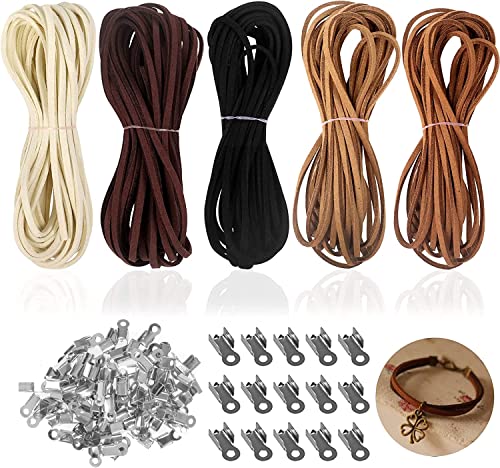 Lederband Kette, 5 Stück lederschnüre, Veloursleder Band Faden, lederschnur, Faux Wildleder Schnur in 5 Farben, Bänder Zum Basteln mit Schnurenden, Lederband Flach für DIY Armband Halskette（5m x 3mm von Hoiny