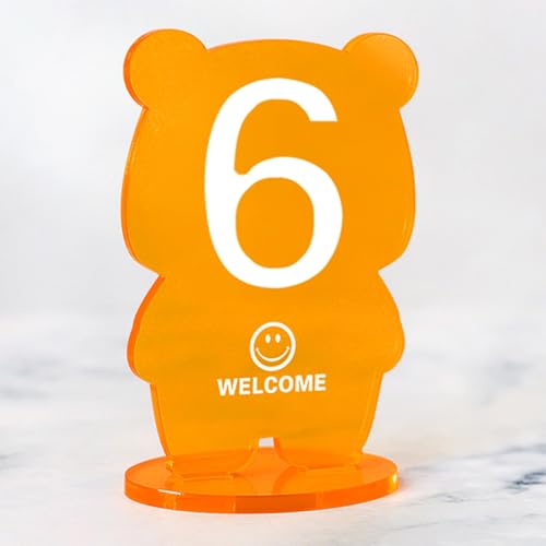 Hoiweqr Acryl-Tischnummernhalter, kreativer Cartoon-Bären-Stil im Ins-Look, Wiederverwendbare Empfangsdekoration, Tischkarte & Sitzplatzschild für Restaurant, Café, Takeaway-Theke(Orange,103-108) von Hoiweqr