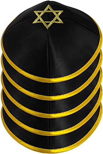HolYudaica 5 Stück Hq 20 cm Satin Kippah mit silberfarbener / goldener Schnur + Davidstern für Männer und Jungen, Yamaka Hut aus Israel, Kippot Bulk (Black Gold) von HolYudaica