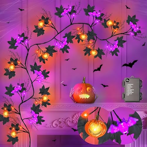 6FT/9FT 54 LED Weidenranke Zweig Dekoration Schwarz Halloween Girlande mit Kürbis Fledermaus Orange & Lila Licht, 8 Modi Wasserdicht Batteriebetrieben Indoor Halloween Dekorationen (54LED 6FT) von HoldOneLight