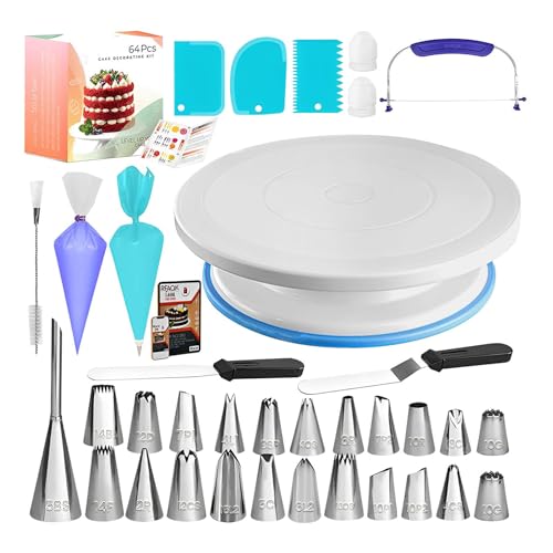 Holdes Kuchendekorationszubehör-Set, Kuchendekorationsset | Kuchendekorationszubehör, Drehteller für Kuchen, 64-teilig | Spritztüllenaufsätze, Werkzeuge von Holdes