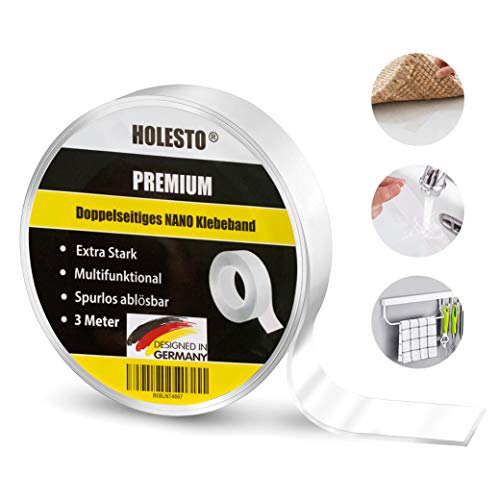 Holesto® Nano Klebeband [3 Meter] - Doppelseitiges Klebeband aus waschbarem Nanomaterial - Nano Tape Extra Stark - Wiederverwendbares Nano-Klebeband - Spiegelklebeband - Nano Magic Tape von Holesto