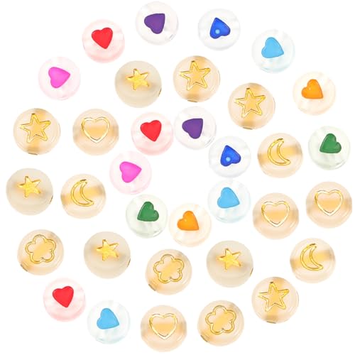Holibanna 300 Stück Acryl The dark Perlen Flache Bunte DIY Schmuckperlen mit Herz Stern und Goldfarbenem Muster Halbdurchsichtig für Armbänder und Bastelarbeiten von Holibanna