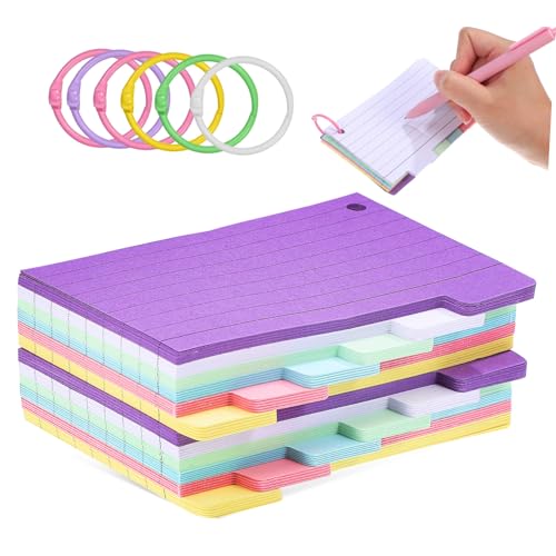 Holibanna 300Blätter Linierte Karteikarten mit Vorgestanzten Löchern und Bunten Ringen für Notizen Lernen und Organisation Kategorisierte Tabs für Einfachen Zugriff von Holibanna