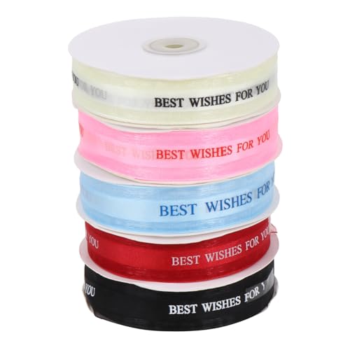 Holibanna 5 Rollen Satinband für Hochzeits und Festtagsdekoration Bedruckt mit Wishes For You Verschiedenen Farben Weinrot Schwarz Hellblau Hellrosa für und Kuchen Dekoration von Holibanna