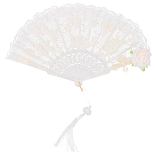 Holibanna Vintage Spitzenfächer Handfächer mit Rosenmuster Faltbarer Stabiler Handfächer aus Spitze Eleganter Weißer Spitzenfächer für Teeparty Hochzeit und Fotorequisiten Anhänger von Holibanna
