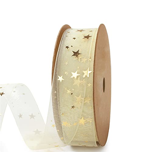 Holijolly 19mm Gold Star Ribbon - Schneegarn Material für Basteln, Geschenkverpackungen, Geburtstagsfeier Dekorationen, Haarschleifen - 19mm x 9m von Holijolly