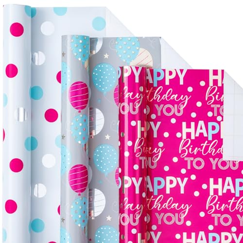 Holijolly Birthday Wrapping Paper Roll - MIni Roll - Ballon/Dot / "Happy Birthday" Lettering für Geschenkpapier, DIY Craft - 43,2 CM×3 M - 3 Rollen (42.5 sq.ft.ttl.) von Holijolly