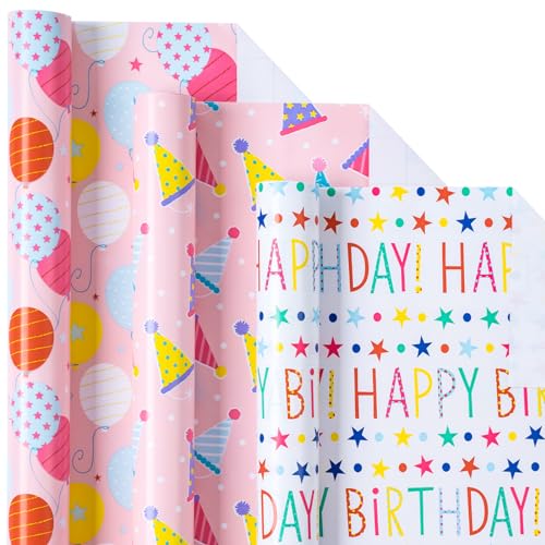 Holijolly Birthday Wrapping Paper Roll - MIni Roll - Ice Cream/Ballon / "Happy Birthday" Schriftzug für Geschenkpapier, DIY Craft - 43,2 CM×3 M - 3 Rollen (42.5 sq.ft.ttl.) von Holijolly