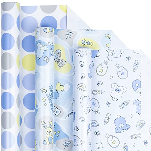 Holijolly Blaue Geschenkpapierrolle - Bär/Ballon, Baby/Polak Dot Print für Baby Shower, Junge- 44.5x305cm x 3 Rollen (43.77 sq.ft.ttl.) von Holijolly