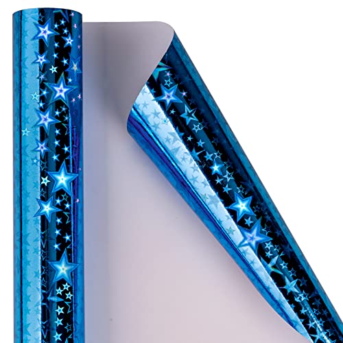Holijolly Blaues holografisches Geschenkpapier – Mini-Rolle – Sterndruck für Geburtstag, Urlaub – 44 cm x 10 m von Holijolly